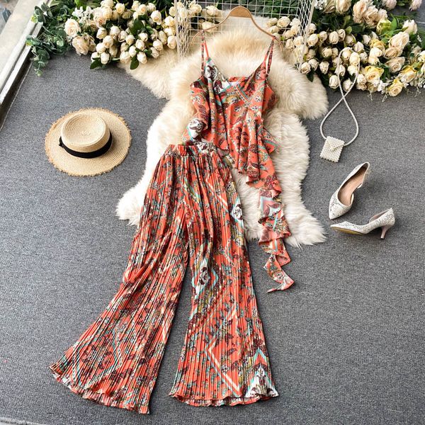 

women's tracksuits ins women fashion summer v neck sleeveless + pleated wide leg pants two piece sets q938 2y24, Gray