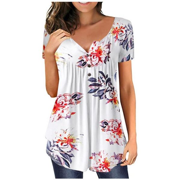 

fashion floral print blouse shirt loose buttons v-neck casual summer ladies female women short sleeve blusas pullover women's blous, White