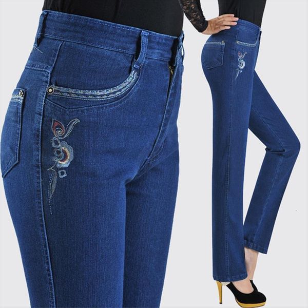 

fashion casual middle aged women jean high waist trousers plus size straight pants female embroidery elasticity denim, Blue