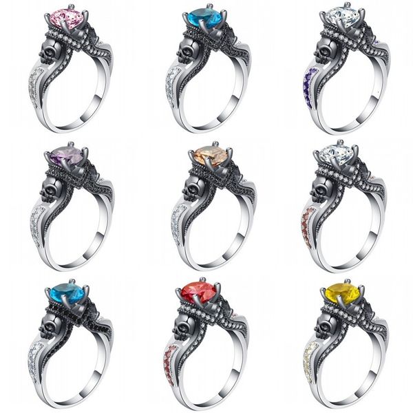

creative skull ring micro inlaid color separation electroplating ring zircon punk style hand jewelry, Silver
