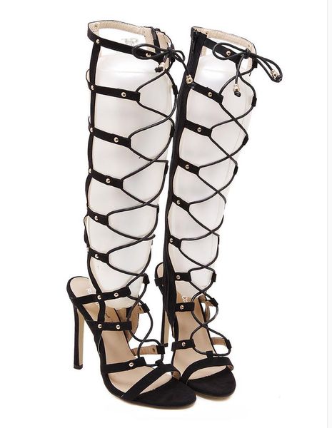 

rome style black lace up knee high gladiator sandals women designer shoes size 35 to 40