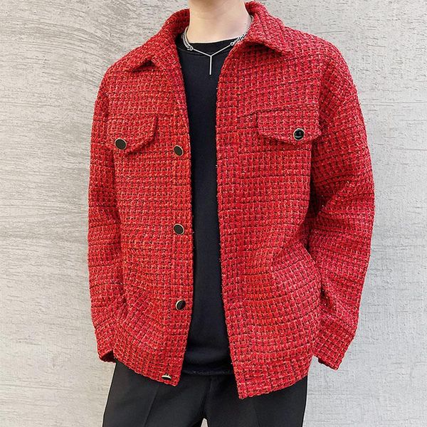 

men's jackets woven shiny silk woolen jacket men vintagte french vintage fashion chic loose casual red male korean streetwear coat, Black;brown