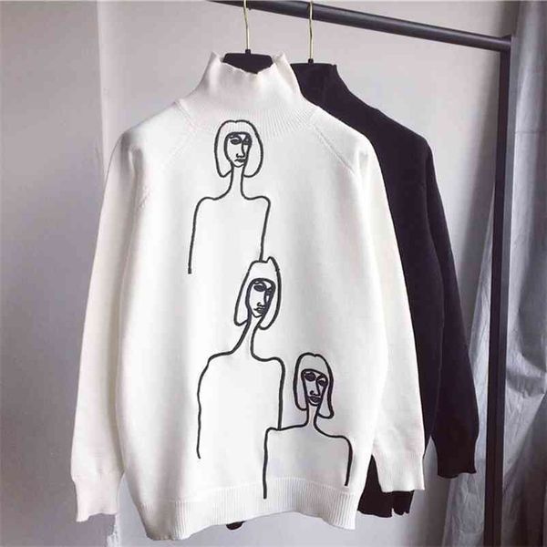 

cartoon character print knitted women turtlenck sweater ribbed pullover sweaters female autumn batwing sleeve turtlenecks 210524, White;black