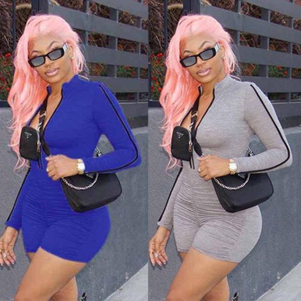 

women's jumpsuits & rompers casual sportswear ruched body playsuit romper zipper v neck long sleeve stacked shorts bodycon jumpsuit wom, Black;white