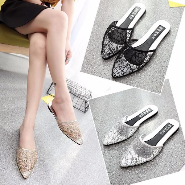 

slippers women's mesh pointed toe flat shoes fashion 2021 home outdoor woman elegant house ladies, Black