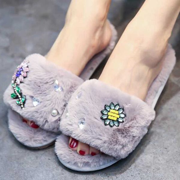 

women indoor slippers shoes flower princess ladies autumn winter warm plush white crystal s984 210625, Black