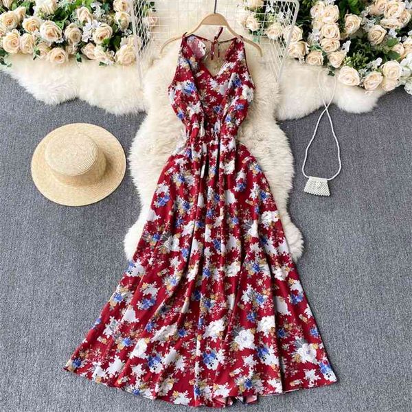 Mulheres Moda Verão Halter Neck Sem Mangas Sem Encostos Floral Impressão Elástica Cintura Elástica Estilo Holidayas Férias Maxi Vestido 210603