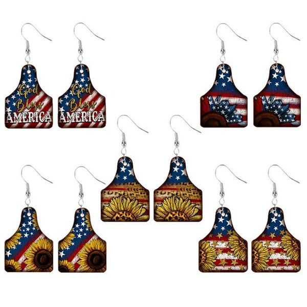 

dangle & chandelier 2021 wholesale independence day retro sunflower pentagram flag double-sided pu leather earrings, Silver