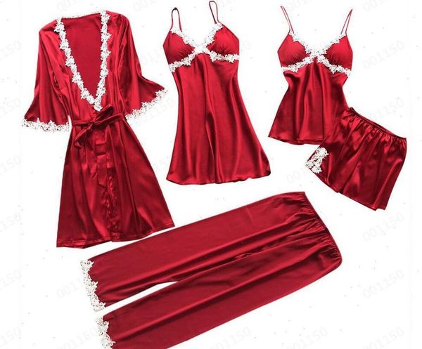 

fashion suspenders nightdress pajamas womens sleepwears sets silk lace lingerie bathrobes suits homewear sleepwear sleep pants 5 pcs large, Black;red