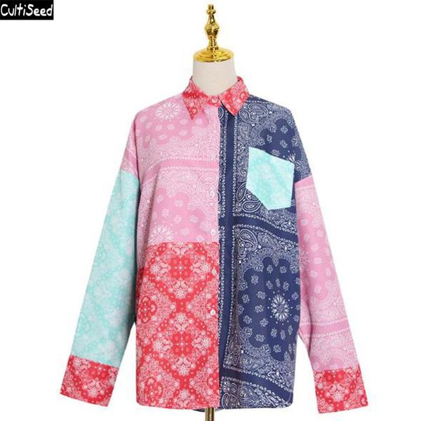 

women's blouses & shirts cultiseed women vintage color patchork print female autumn fashion single breasted loose casual long sleeve, White