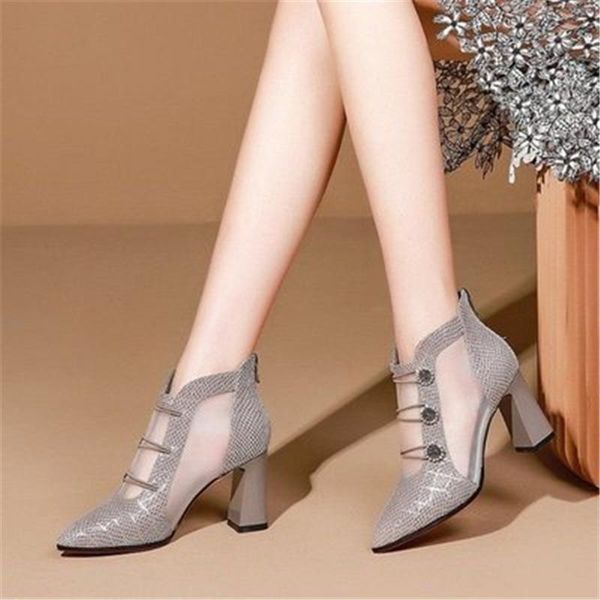 

sandals women short boot spring summer pointed toe party fashion ankle botas mujer back zipper shoes high heels 34-40 ab-19, Black