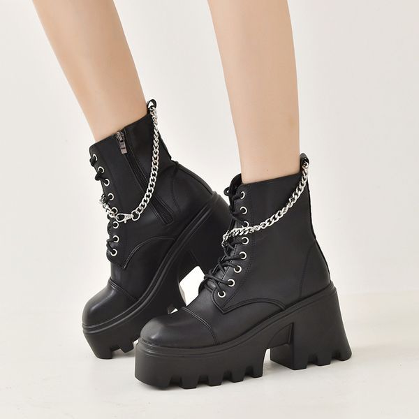 

2021 chain pu thick bottom british black martin short boots locomotive women's boots