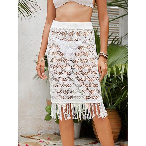 

women's swimwear hollow sunscreen skirt, fringed beach skirt for seaside vacation, bikini scarf, White;black