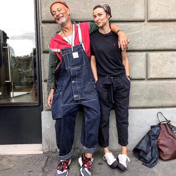 

men loose casual wide leg denim cargo pants male japan harajuku streetwear hip hop jumpsuit bib trousers jeans overalls, Blue