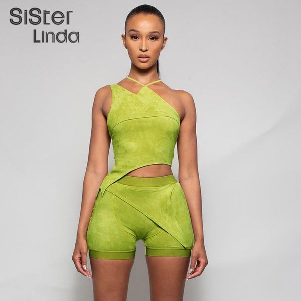 

women's tracksuits summer green velour asymmetry two piece set women sleeveless backless halter biker shorts workout atirewear matching, Gray