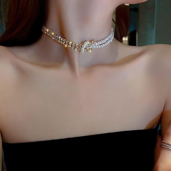 

chokers korean style pearl necklaces women simulated chain necklace collier femmel choker wedding bridal jewelry party gifts, Golden;silver