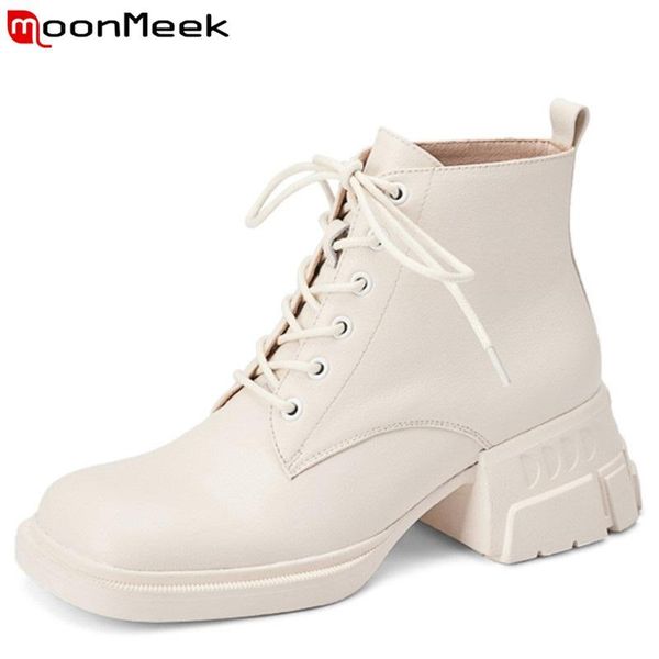 

boots moonmeek 2022 arrival lace up genuine leather shoes fashion platform ankle casual simple women winter, Black