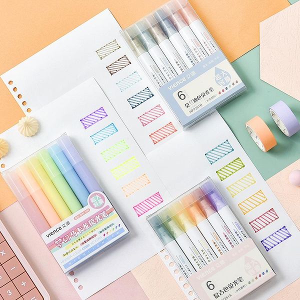 

6pcs/lot rainbow color highlighter pen student graffiti art drawing key words marker morandi stationery highlighters, Black;red