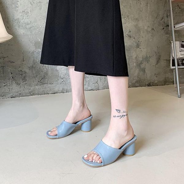

slippers women slides shoes solid round heels ladies casual fashion fish mouth square toe slip on pu shallow outdoor female summer, Black