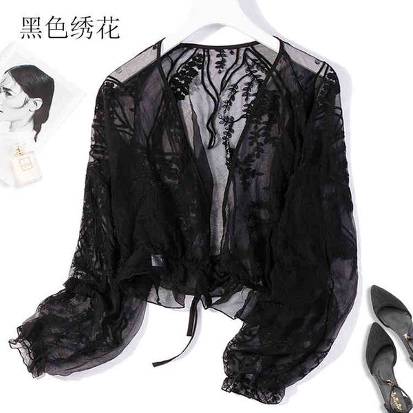 

coat women's 100% pure silk long sleeve embroidery shawl cardigan cappa blouse shirt jn526, Tan;black