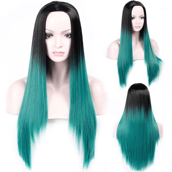 

70cm synthetic ombre straight wig for women black green heat resistant high temperature fiber long cosplay sx1961