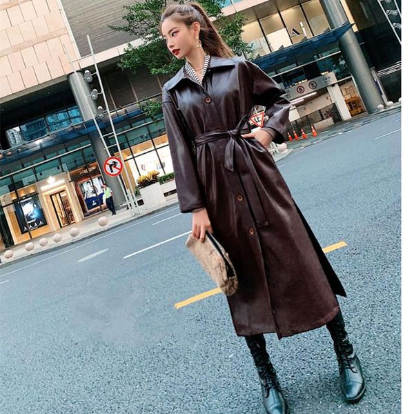 

women's leather & faux cool pu long jacket 2021 autumn women loose belt windbreaker trench coat slim spring y2k, Black