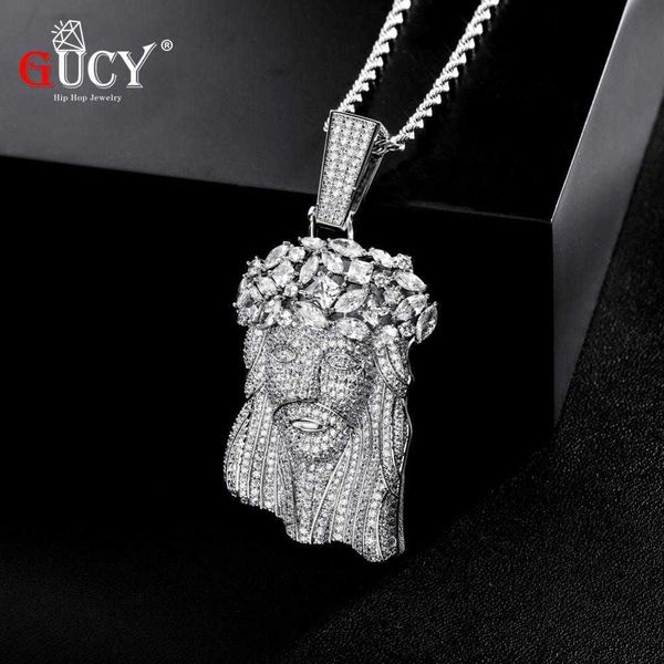 

gucy big jesus necklace & pendant with tennis chain gold color iced out cubic zircon men's hip hop jewelry gift x0707, Silver