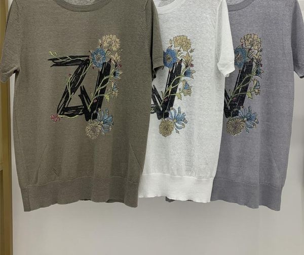 

women's sweaters women sweater 2021 early spring printing high temperature drilling round neck short-sleeved linen thin knit top, White;black