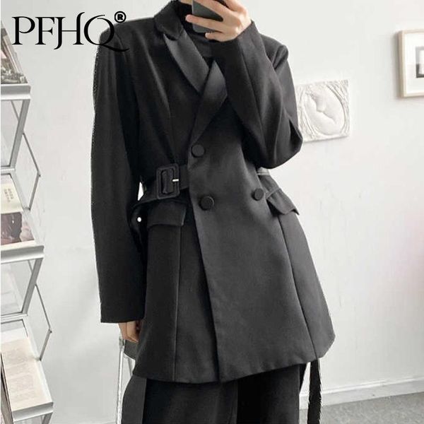 

men's suits & blazers pfhq autumn japanese style design black coat for men 2021 slim belt decoration korean fashion mid length 21d2884, White;black