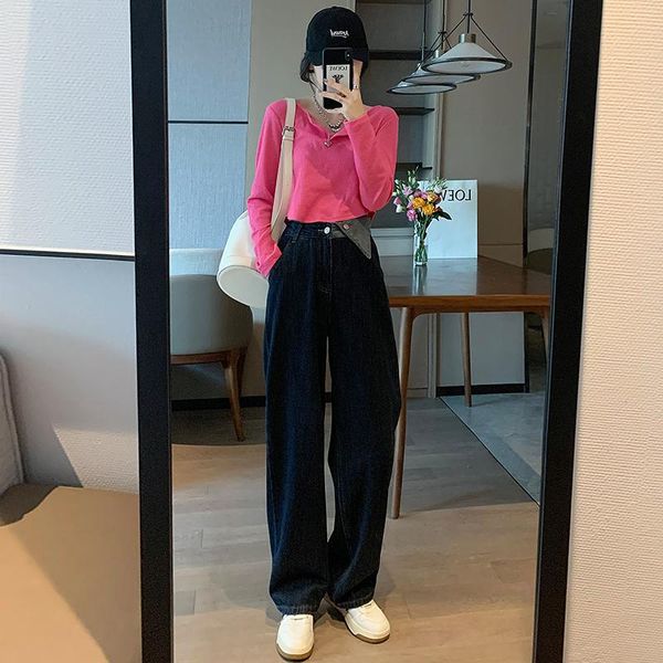 

women's jeans does not fade straight woman high waist plus size loose denim wide leg pants casual korean, Blue