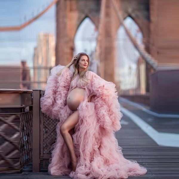 

casual dresses chic pink puffy tulle maternity robes long sleeves sheer dressing gowns plus size custom made po shoot, Black;gray