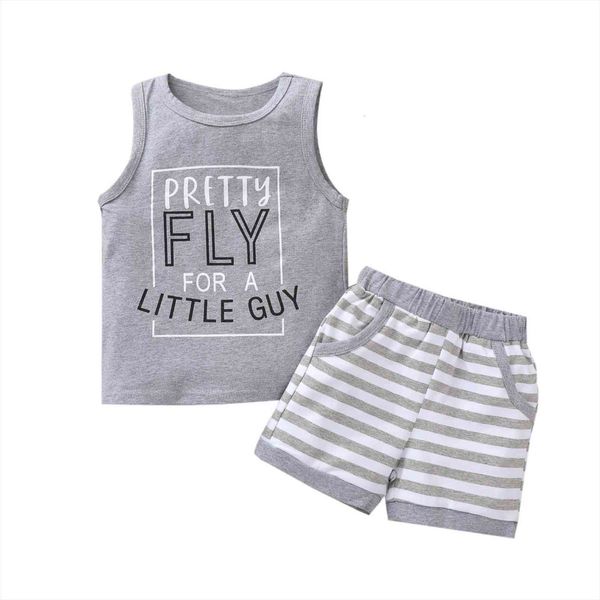 

0 3y summer casual baby boys clothes sets 2pcs letter printed sleeveless vest striped shorts, White