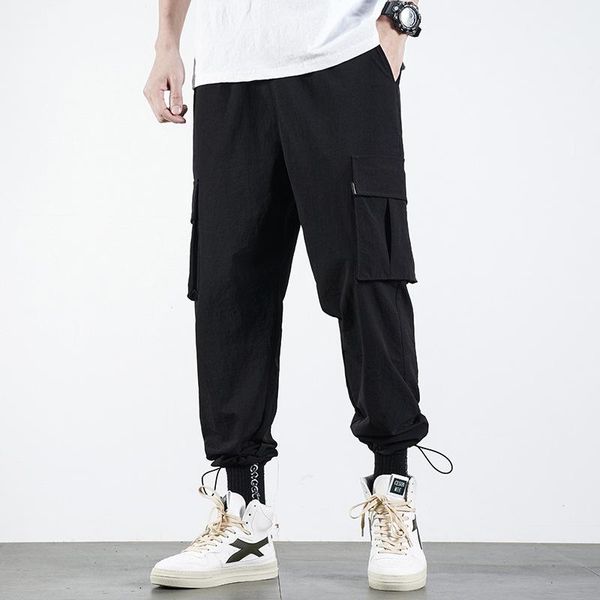 

spring and summer men's solid color overalls casual loose fitness sports feet straight mid-waist black trousers pants
