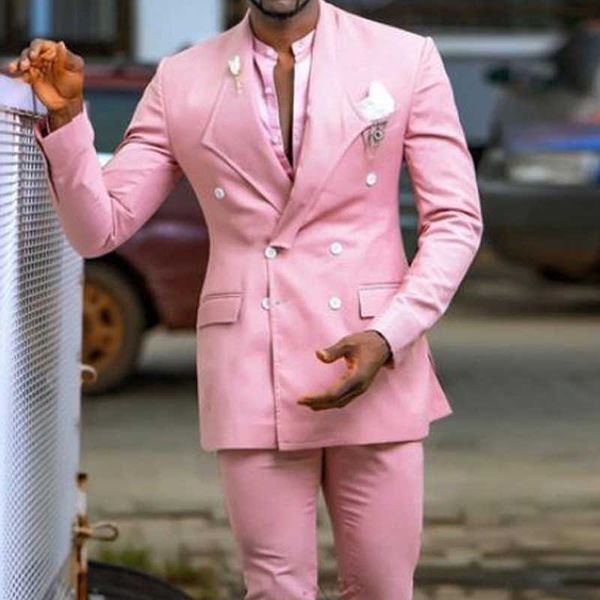 Abiti da uomo rosa slim fit da ballo con doppio petto 2 pezzi smoking da sposo personalizzato con risvolto con risvolto costume da uomo africano moda pantalone nero X0909