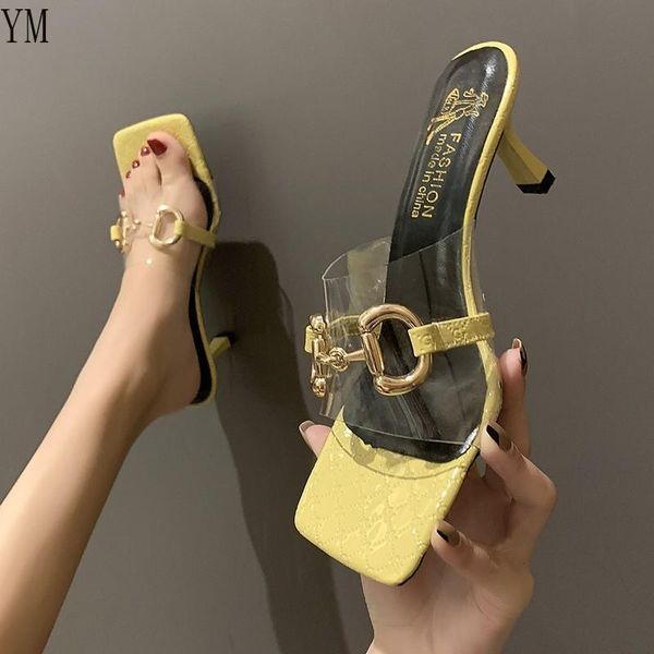 

sandals yellow women square toe 2021 summer lady heels shoes pvc gold metal fashion ladies zapatillas mujer casa, Black