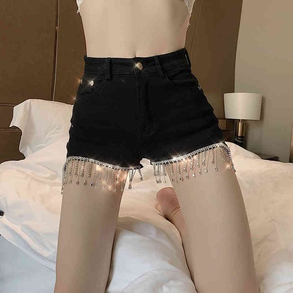 

women pants shorts diamond tassel black summer high-waisted denim female slim fashion 666e 210420, White;black