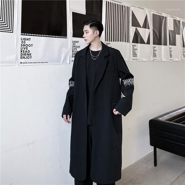 

men's trench coats men women japan harajuku streetwear loose casual windbreaker jacket outerwear overcoat embroidered long coat, Tan;black