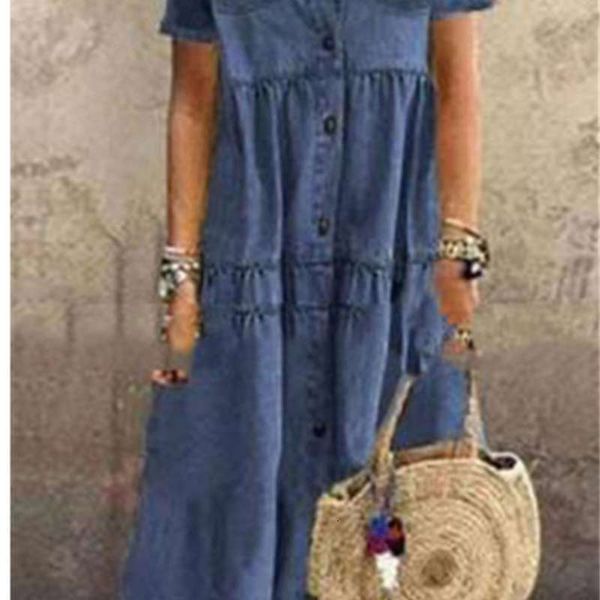 

denim casual single dresses breasted old long short sleeve lapel dress, Black;gray