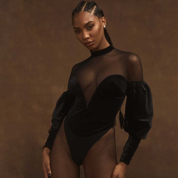 

women's jumpsuits & rompers see-through mesh velvet bodycon bodysuit for women black patchwork puff long sleeve high elastic night club, Black;white