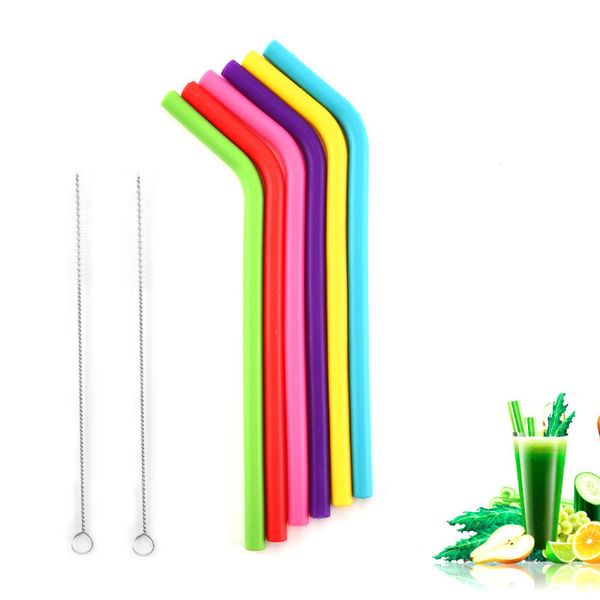 

reusable silicone straws 6 pack with 2 cleaning brushes regular size,assorted colors food grade flexible straw dhl fast shipping