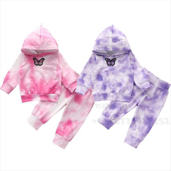 

toddler baby girls boys tie dye clothes 3d butterfly long sleeve hooded pants 2pcs fall winter outfits set, White