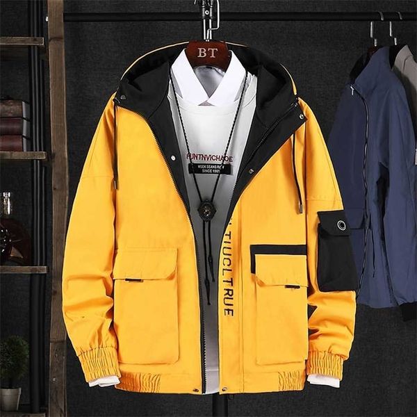

autumn men casual jacket outdoor windbreaker harajuku cargo jackets mens loose print hooded outwear coat hip hop multi-pocket 211217, Black;brown