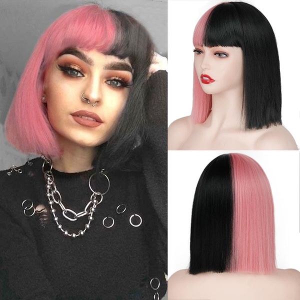 

synthetic wigs lolita wig pink and black long straight hair cosplay blue red two tone ombre color women