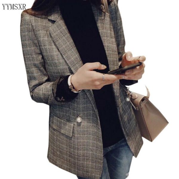 

women's suits & blazers 2021 korean jacket feminine casual elegant checked mid-length ladies suit stylish slim plus size blazer female, White;black