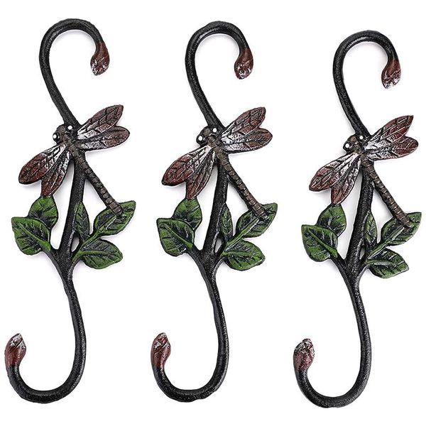 

set of 3 heavy duty cast iron s dragonfly hooks - 11 inch decorative metal plant hangers shaped bracket & rails