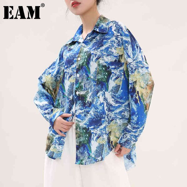 

[eam] women blue pattern printed big size blouse lapel long sleeve loose fit shirt fashion spring autumn 1dd541905 210512, White