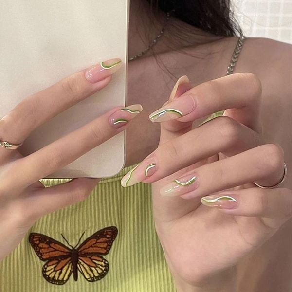 

false nails 24pcs/box green line design long coffin ballerina wearable fake full cover nail tips press on, Red;gold