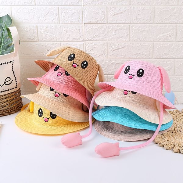 

new children's sun hat with moving ears cartoon cute rabbit sunscreen straw hat outdoor yo'i, Yellow