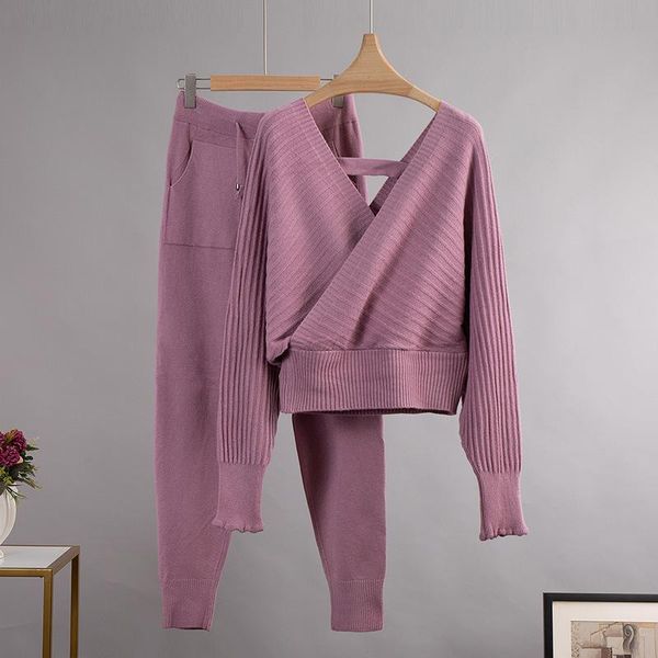 

women's two piece pants sets sweater tracksuits women pockets harrem with double cross v neck autumn winter knitted clothing, White