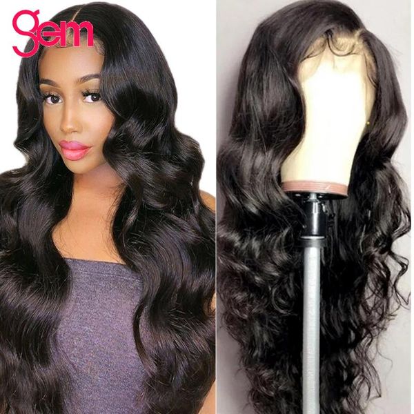 

inch body wave lace front wig 4x4 closure pre plucked gem brazilian human remy 13x4 frontal hair wigs, Black;brown